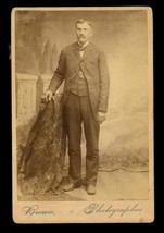 CDV Cabinet Photo Brown Photographer Studio Pose Late 1800s Man Mustache Suit - £15.81 GBP