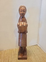 African Cultural Hand Carved Wood Statue Woman Carrying Basket 16&quot; Vintage - £21.69 GBP