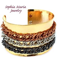 Designer style cuff fashion bracelet metal chain 1 3/4&quot; wide tri color gold tone - £11.83 GBP