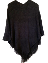 Rhinestone Knit Poncho Women Medium Rhinestone Embellished Fringes Black - $19.77