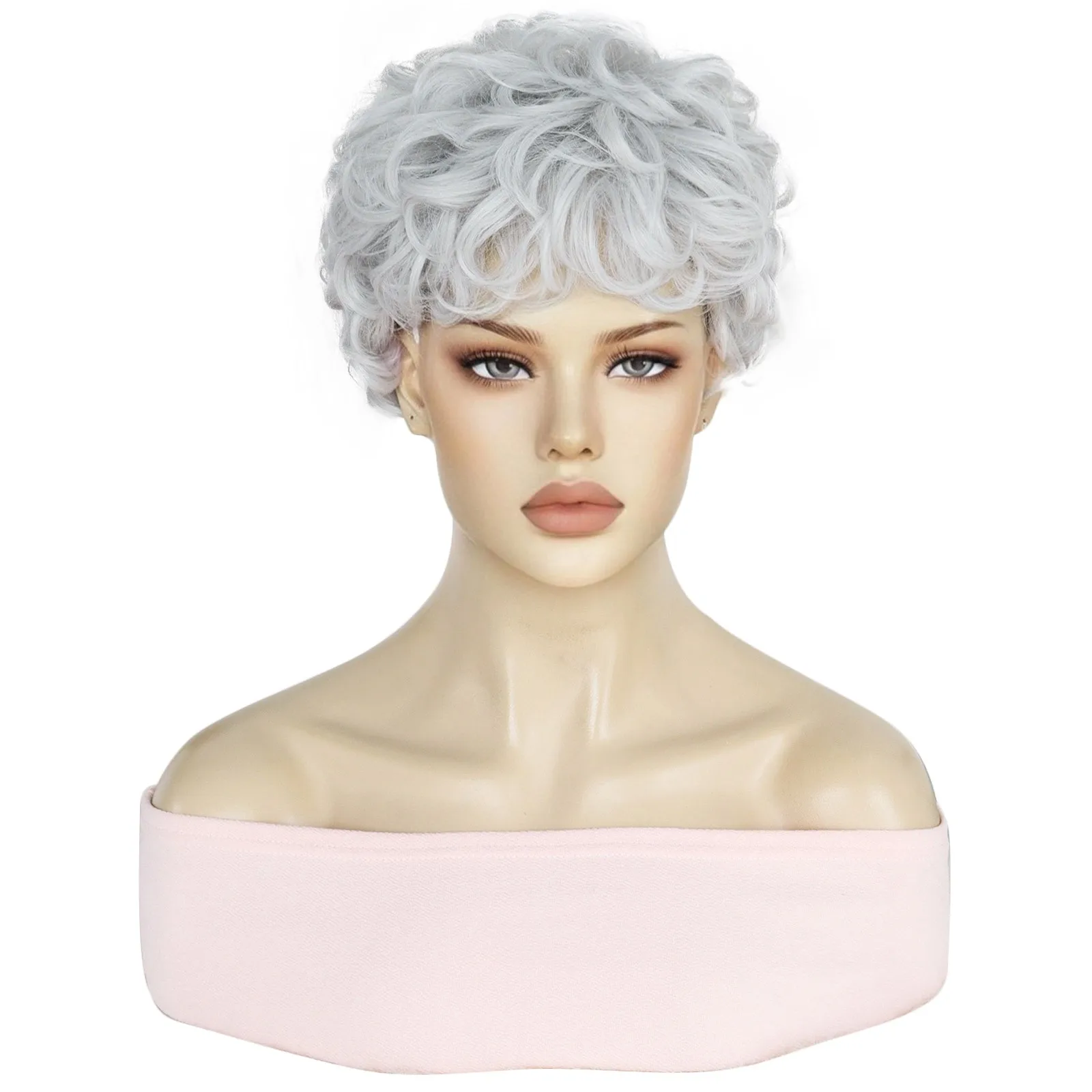 10inch Gray Short Curly Pixie Cut Layered Synthetic Bangs Older Lady Cosplay W - £17.57 GBP