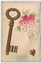 Postcard Embossed Valentine Greetings Gold Key Bouquet Flowers - £3.15 GBP