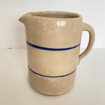 Country Stoneware Pitcher Hand Thrown Studio Pottery Heavy Blue Stripe 8in Tall - £19.94 GBP
