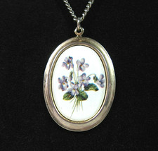 Purple VIOLETS Flowers Pendant Vintage NECKLACE Goldtone Oval Silvertone Chain - £7.81 GBP