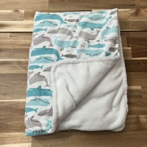 Carter’s Teal Aqua Gray White Whales Baby Blanket 40x30 - $20.89