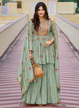 Beautiful Pale Green Multi Embroidered Designer Gharara Suit938 - £43.94 GBP