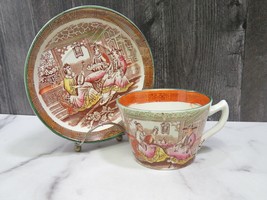 Antique Staffordshire English Chinoiserie Lg Mug Cup Saucer Colored Transferware - £75.02 GBP