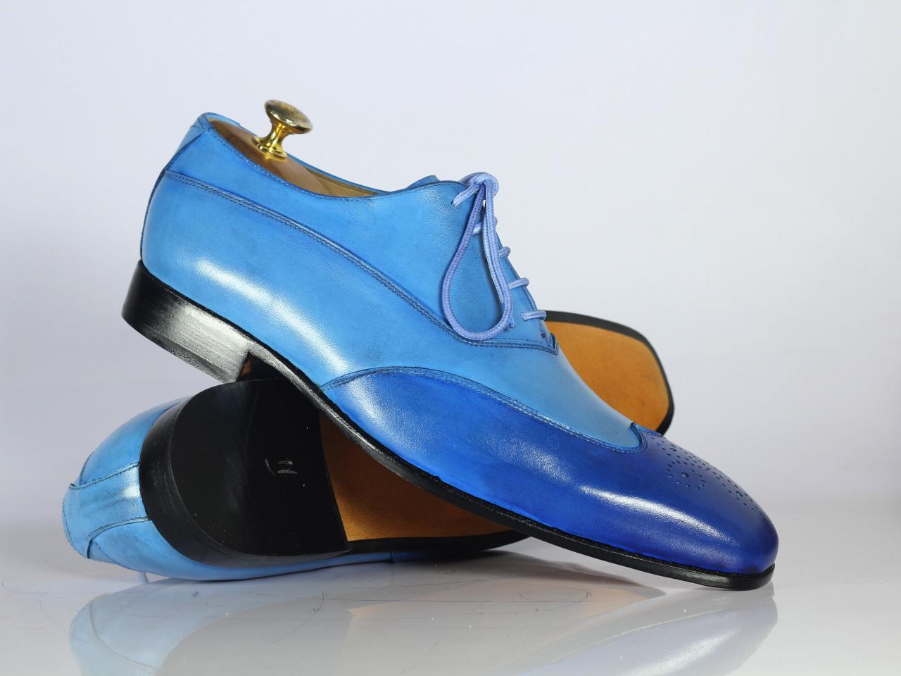 Handmade Men Blue Wing Tip Brogue Shoes, Men Leather Lace Up Dress Formal Shoes