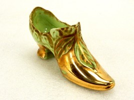Lady&#39;s Shoe Figurine, Green Porcelain, High Gloss Gold Paint, Planter, T... - $14.65
