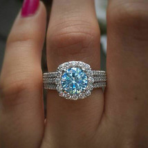 Halo Engagement Ring 2.95Ct Lab Created Aquamarine 925 Sterling Silver in Size 8 - £110.65 GBP