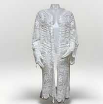 Roamans Crochet Coverup Long Cardigan Womens 14/16 White Bell Sleeve Cot... - $25.90