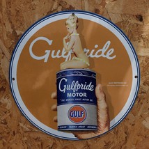 Vintage Gulf Refining Co. Gulfpride Motor Engine Oil Porcelain Gas &amp; Oil Sign - £98.32 GBP