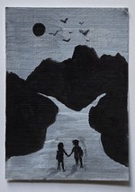 ACEO Original Art Silhouette Lovers Acrylic Painting on Watercolor Paper - $5.00