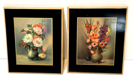 Vintage Floral Prints on Wood Wall Plaques 5 x 4.25&quot; Signed and Dated 19... - £17.94 GBP