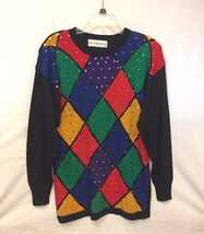 Vintage 1980s women&#39;s sweater diamond pattern sequins Viki International L XL - £6.39 GBP