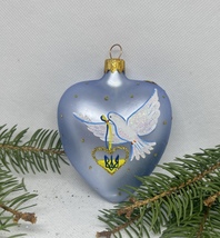 XMAS heart, dove with the coat of arms of Ukraine glass XMAS handmade ornament - £10.66 GBP