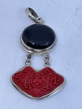 Vintage Carved Cinnabar &amp; Black Onyx Stone 925 Sterling Silver Pendant Chinese - £77.86 GBP