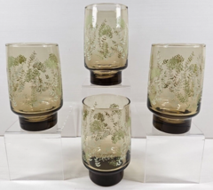 (4) Libbey Green Floral Tumblers Set Vintage Tawny Accent Smoke Brown Retro Lot - £29.36 GBP