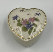 Fred Roberts Japan Heart Shape Trinket Box Pink Purple Violets Gold Trim 3 1/2&quot; - £8.43 GBP