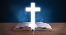 24&quot;x18&quot; premium glossy print open holy bible with glowing cross, spiritual Jesus - £23.73 GBP