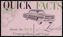 1952 Lincoln Quick Facts Brochure, Cosmopolitan, Capri - $11.31