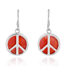 Fashion Peace Symbol Round Red Coral Inlay Sterling Silver Dangle Earrings - £19.67 GBP