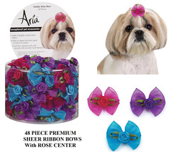 48pc Dog Rose Center Flower Grooming Hair Sheer Ribbon Bow&amp;Elastic Band*Top Knot - £28.14 GBP