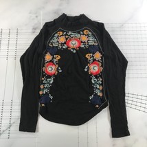 Free People Top Womens Large Black Floral Embroidered Long Sleeve Cotton - £43.94 GBP