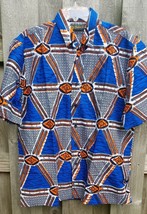 Mens Friday Shirt 42 size L - XL Ethnic Print Blue Brown Abstract - £31.89 GBP