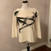 NWOT PIAZZA SEMPIONE Cream Cotton Black Hand Painted 3/4 Sleeve Top SZ 12 - $197.01