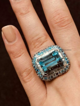 Features 21.CT Emerald Cut Aquamarine With Blue &amp; White Stones Accents Fine Ring - £559.25 GBP