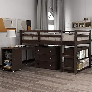 Multifunctional Low Loft Bed Twin Size With Cabinet, Rolling Portable De... - $791.99