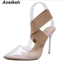 Aneikeh Sexy Pointed Toe Transparent Women Sandals Elastic Band Ankle Strap Slip - £38.03 GBP