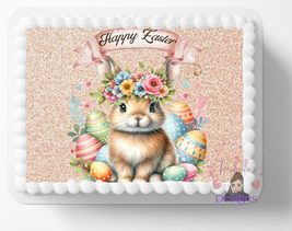 Happy Easter Floral Bunny Easter Rabbit Edible Image Edible Birthday Cake Topper - £13.16 GBP