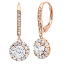 6CT Simulated Diamond Halo DropDangle Leverback Earrings Rose Gold Plated Silver - £190.21 GBP