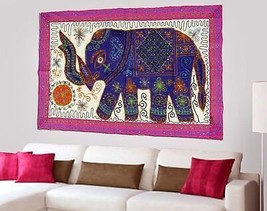 Wall Decor Handmade Cotton Embroidered Blue Elephant Hanging Home Decor Tapestry - £27.15 GBP