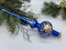 Blue Christmas glass tree topper with gold glitter,  Christmas finial - $24.38