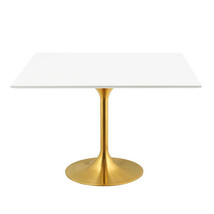 47&quot; White Square Pedestal Stem Dining Table Lacquered Wood Top Gold Base - £719.38 GBP