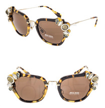 Miu Miu Runway Jewel 03S Brown Havana Mirrored Gold Crystal Sunglasses MU03SS - £142.44 GBP