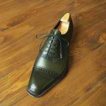 Handmade Men&#39;s Green Leather Oxford Lace Up Square Cap Toe Formal Dress Shoes - £100.61 GBP