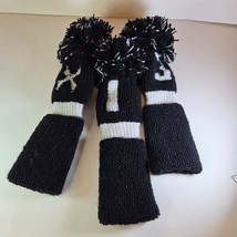 Vintage Knit Golf Club Headcovers Set 1 3 X Black White Pom Pom Wool - $374.75 MXN