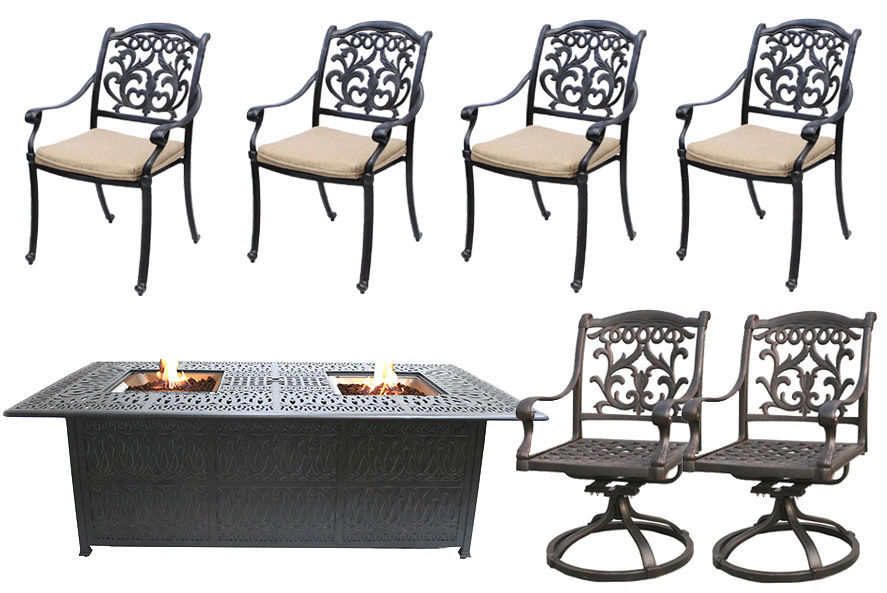 Primary image for Fire Pit Propane Table 7 Piece Set Cast Aluminum Outdoor Patio Furniture  