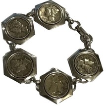 Silver tone link bracelet, octagons with Liberty Mercury head dimes (5) 7” Long - £156.14 GBP