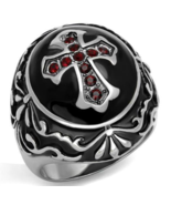 Men&#39;s Stainless Steel  Epoxy Cross Ring Stimulated Siam Stone - £20.40 GBP