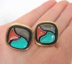 VTG Anson Multi Colored Enamel Gold Cuff Links Green Brown Gray Geometric Art - $11.87