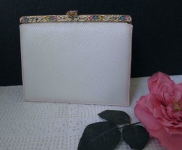 Vintage 50s 60s Ivory Handbag Purse Clutch Enamel Floral Painted Metal F... - £39.95 GBP