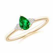 ANGARA Pear Emerald Solitaire Ring with Trio Diamond Accents in 14K Gold - £1,043.75 GBP