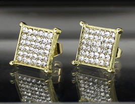 Mens Medium Flat Screen Icy CZ Earrings Square 10mm Studs 14k Gold Plated  - £7.95 GBP