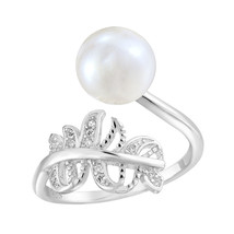 Loving Nature Olive Branch &amp; White Pearl Bypass Sterling Silver Adjustable Ring - £15.49 GBP