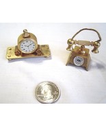 Vintage Miniature Brass Plated  Desk Clock and  Rotary Telephone - £15.97 GBP